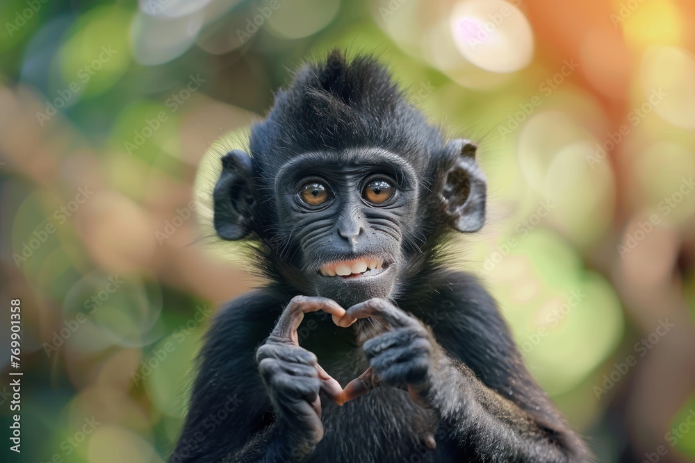 Happy laughing funny monkey portrait making heart hands. Chimpanzee with Hand fingers making heart shape Happy laughing funny monkey portrait making heart hands. Chimpanzee with Hand fingers making heart shape