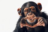 Happy laughing funny monkey portrait making heart hands. Chimpanzee with Hand fingers making heart shape