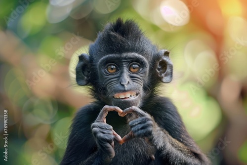 Happy laughing funny monkey portrait making heart hands. Chimpanzee with Hand fingers making heart shape