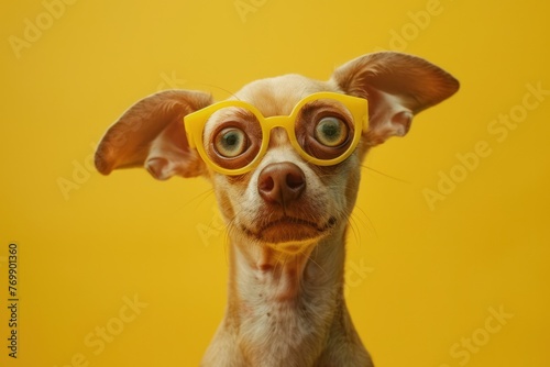 Funny dog with bulging big eyes over color solid bright background photo