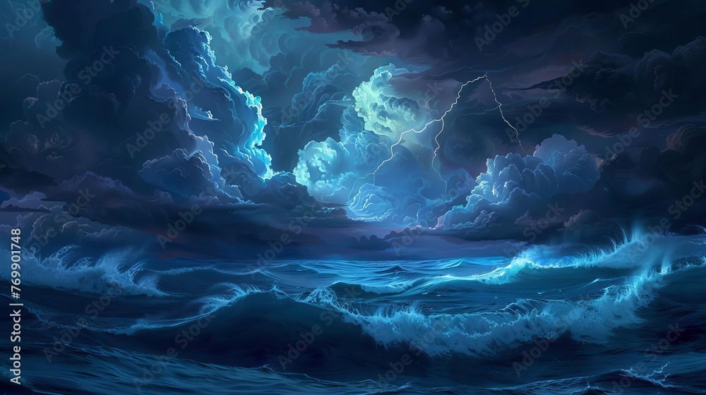 Dramatic Night Sea Landscape with Storm and Giant Waves, Dark Cloudy Sky with Lightning, AI Generated Artwork - obrazy, fototapety, plakaty 