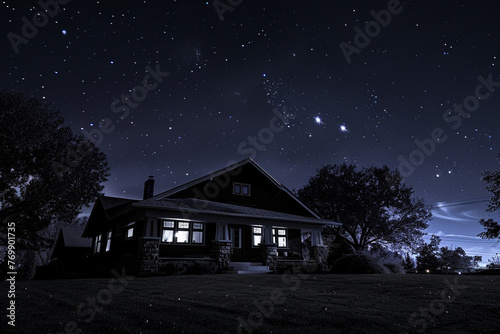 The deep quiet of suburban night, a charcoal Craftsman style house outlined against the still, starry sky, silent and contemplative