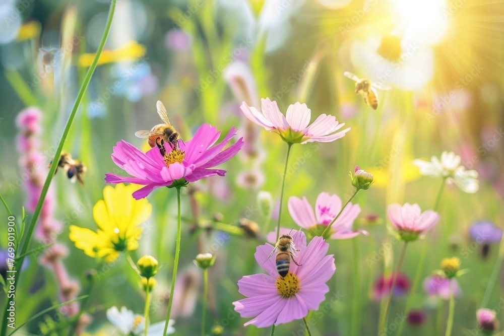 A field of flowers with a few bees flying around them. The bees are busy collecting nectar from the flowers. The scene is peaceful and serene, with the bright colors of the flowers