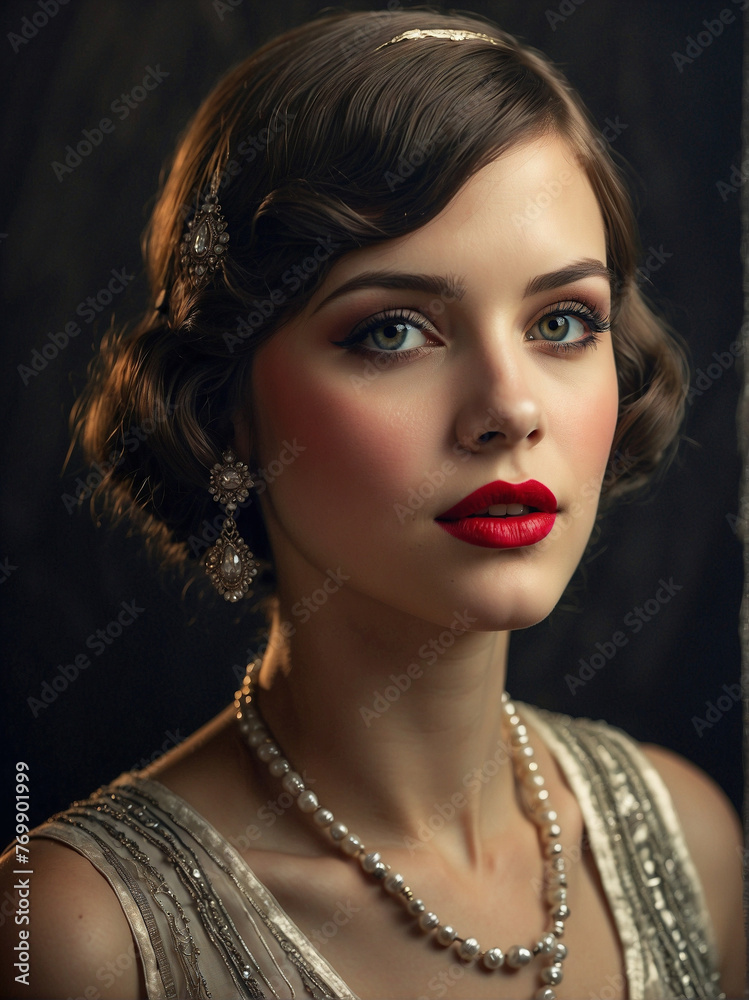 Elegant Woman with Red Lipstick and Stylish Accessories in Fashionable Portrait