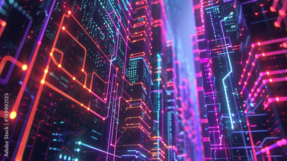 A colorful cityscape with neon lights and a futuristic feel. The image is a representation of a digital world, with a focus on the intricate network of wires and circuits that make up the city