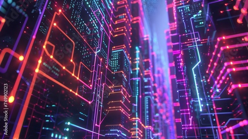 A colorful cityscape with neon lights and a futuristic feel. The image is a representation of a digital world  with a focus on the intricate network of wires and circuits that make up the city