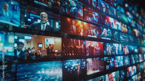 Dynamic collage of multiple broadcast screens displaying various TV programs and news channels, creating a vibrant and engaging visual experience photo