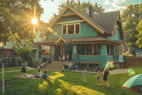 The high sun of the afternoon emphasizing the architectural details of a teal Craftsman style house in a bustling suburban setting, kids playing in the yard, epitome of summer