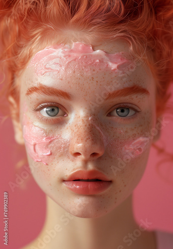 Red haired model is applying a pink facial mask, showcasing her clean and delicate skin in a close-up portrait