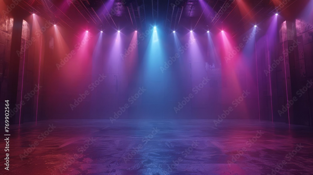 Empty stage with colorful spotlights, theater scene lighting effects, performance background, 3D rendering