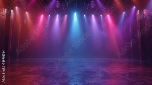 Empty stage with colorful spotlights, theater scene lighting effects, performance background, 3D rendering © Bijac