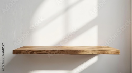 Empty wooden table or shelf for product display, light wood texture and white background, mockup template