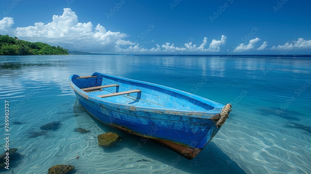 Blue Wooden Boat Sailing on Pristine Waters Blue Wooden Boat Sailing on Pristine Waters