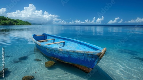 Blue Wooden Boat Sailing on Pristine Waters