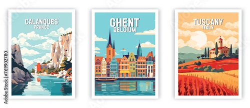 Calanques, Ghent, Tuscany, Illustration Art. Travel Poster Wall Art. Minimalist Vector art