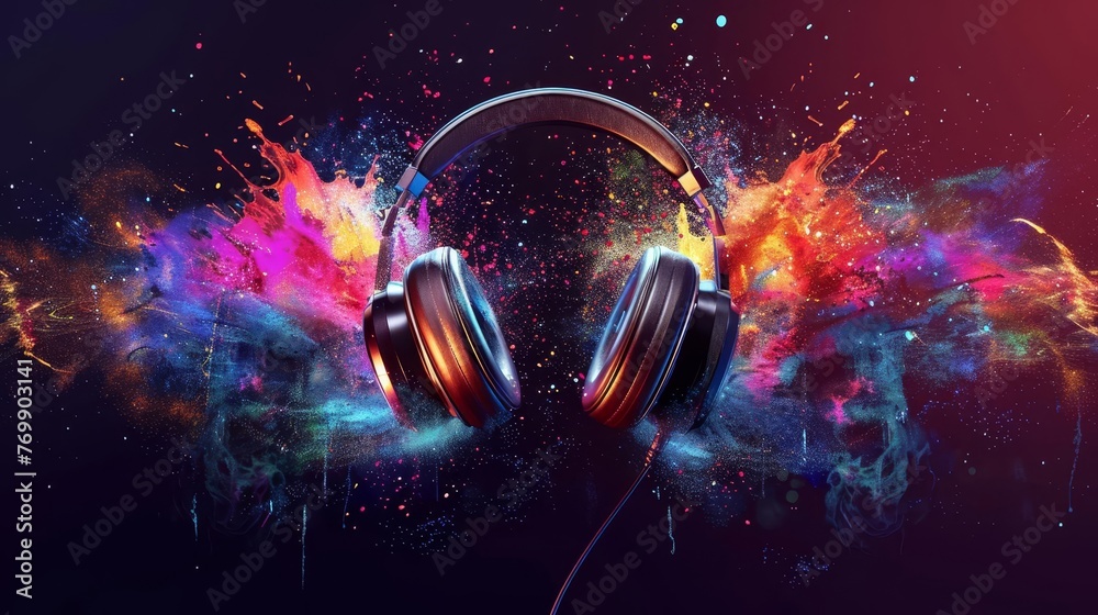 Explosive festive headphones with colorful splash and vibrant light effects, energetic music pulse and beats, party poster design, digital art - obrazy, fototapety, plakaty 