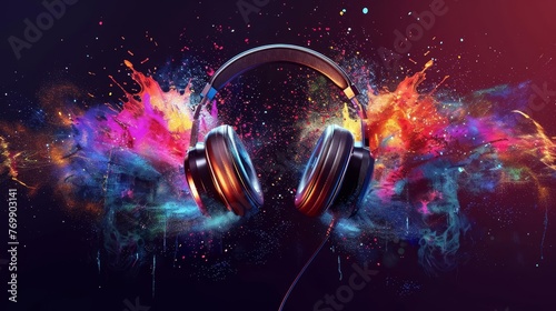 Explosive festive headphones with colorful splash and vibrant light effects, energetic music pulse and beats, party poster design, digital art