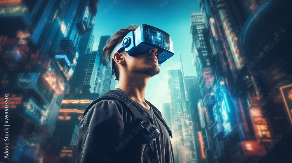 a man wearing a vr headset in a city. ai generated image.