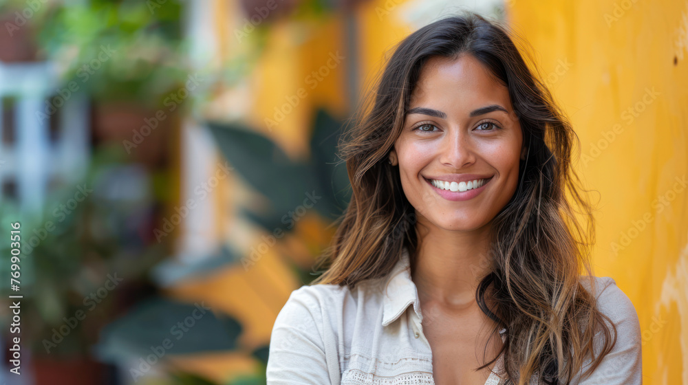 Young Hispanic Woman Smiling in Front of a Vibrant Yellow Wall
