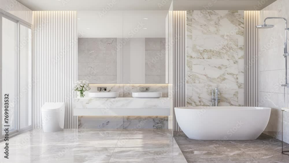 Animation of modern style luxury white bathroom with marble stone 3d render large window natural light into the room Animation of modern style luxury white bathroom with marble stone 3d render large window natural light into the room