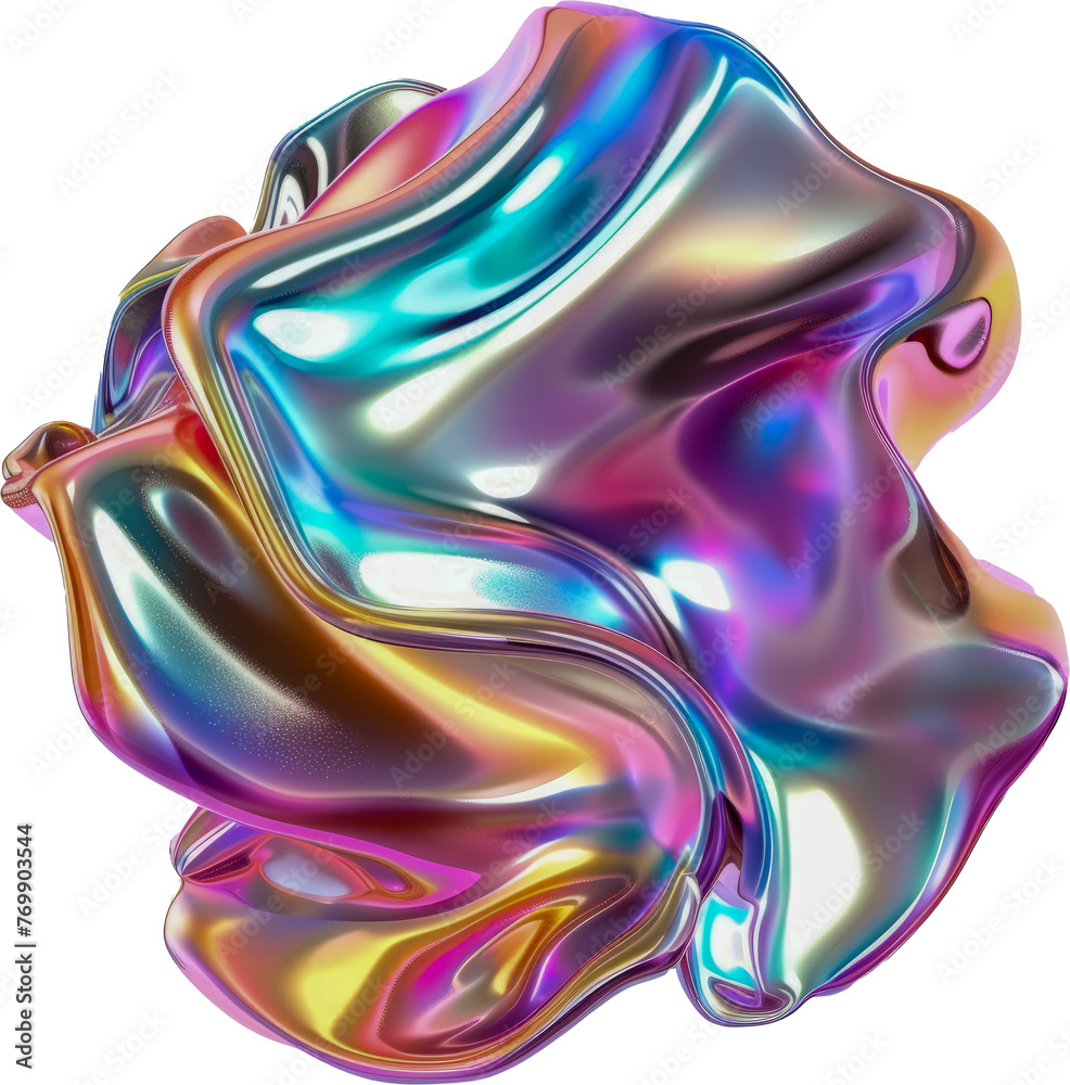 Colorful metallic fluid sculpture cut out on transparent background