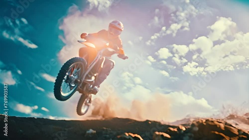 motorcycle stunt or car jump. A off road moto cross type motor bike, in mid air during a jump with a dirt trail. cnayon with blue sky.generative ai photo