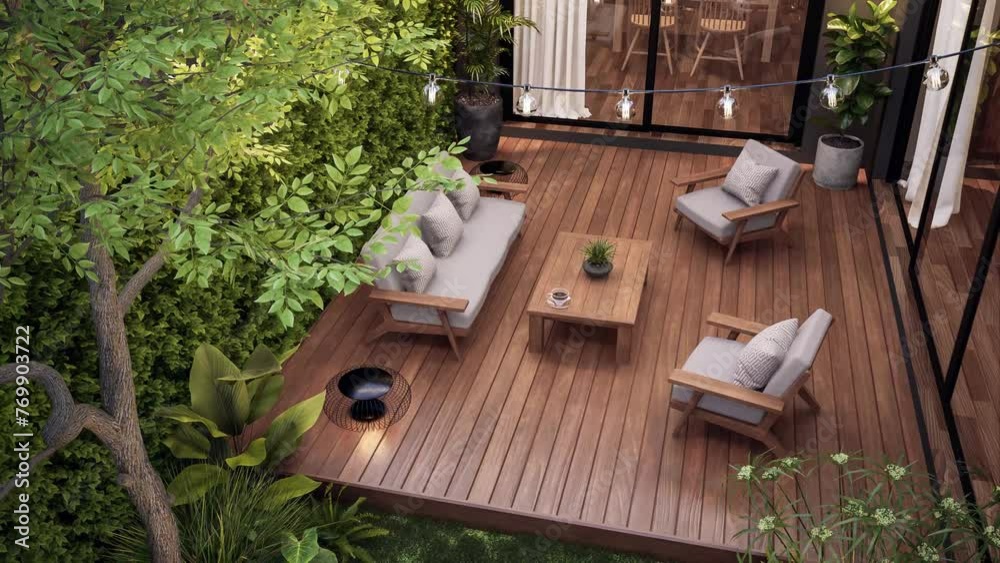 Aerial view animation of modern contemporary style small wooden terrace in lush garden with 3d render, decorated with white outdoor furniture and string light