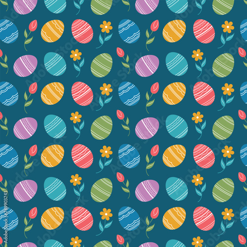 Cute cartoon hand drawn vector Happy Easter holiday seamless pattern with colorful multi colored decorated pattern Easter eggs on a blue background. Cute vector patterns, backgrounds, wallpapers