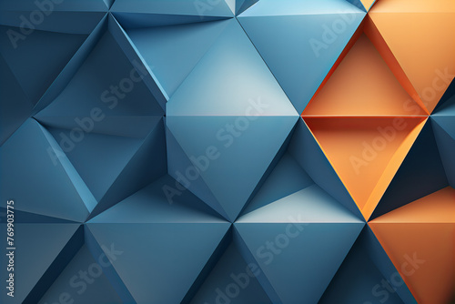 Transparent abstract background with triangle shape, futuristic light orange and blue color, 3D illustration.