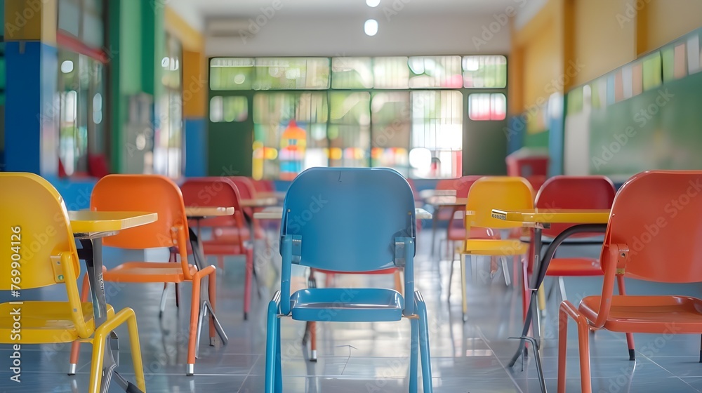 School classroom in blur background without young student. Blurry view of elementary class room no kid or teacher with chairs and tables in campus. Back to school concept  Ai generated 