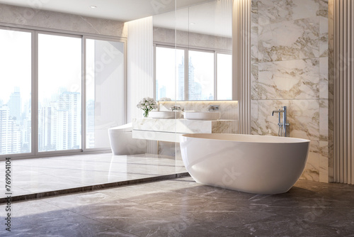 Modern style luxury white bathroom with marble stone 3d render illustration large window with city view sunlight shine into the room