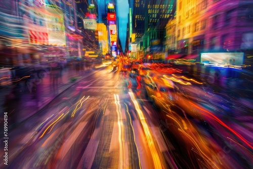A blurry photo of a city street with neon signs and cars. The image has a sense of motion and energy  as if it s capturing the hustle and bustle of a busy city