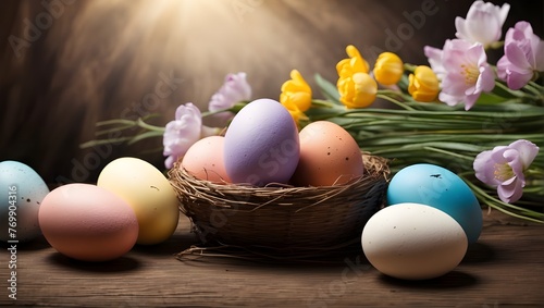 Easter eggs in the nest with floral designs, close-up of an egg 