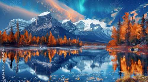 Canadian landscapes with maple leaves hockey element, Generative Ai