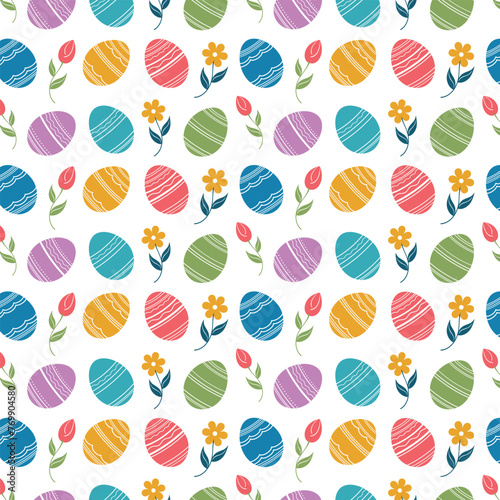 Cute cartoon hand drawn vector Happy Easter holiday seamless pattern with colorful multi colored decorated pattern Easter eggs and flowers on a white background. Cute Easter patterns, backgrounds