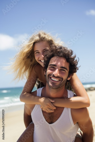 Happy man giving piggyback ride to woman at beach. Young people full of joy on vacation. Generative AI.