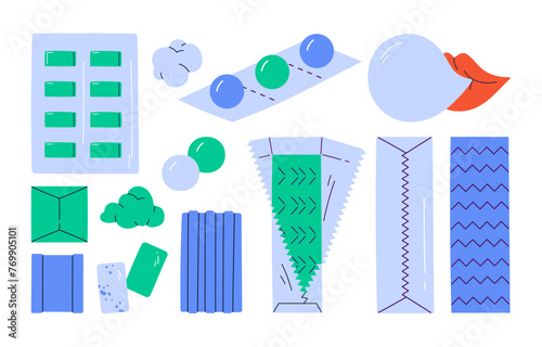 Bubble gum set. Various mint chewing candy: balls, sticks, pads, plates, gummy candies. Oral hygiene concept. Bubblegum collection. Vector illustration in cartoon style. Isolated white background.