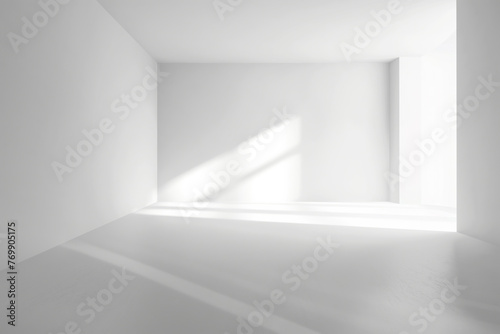 Empty Minimalist White Room with Natural Light and Clean Lines. Modern Minimalist Interior with Sunlight and Shadow Play. Mockup