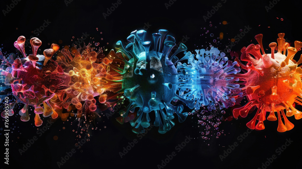 Digital art of vibrant, multicolored viral particles colliding, symbolizing the interaction of pathogens in a microscopic view.
