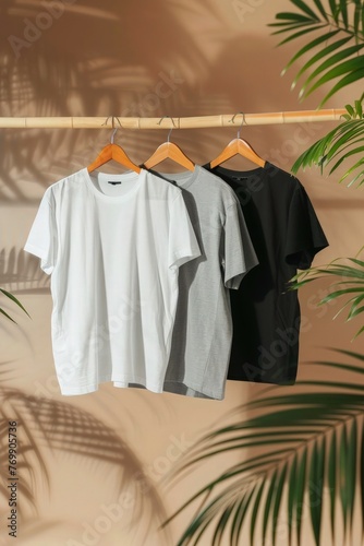 white t shirt mockup. t-shirts on wooden hangers, one grey t-shirt and two black shirts, background with palm leaves in the style of a mockup, stock photo with studio lighting