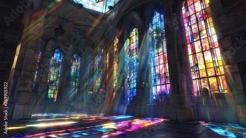 A church with stained glass windows that are illuminated by sunlight. The colors of the stained glass are vibrant and create a peaceful atmosphere