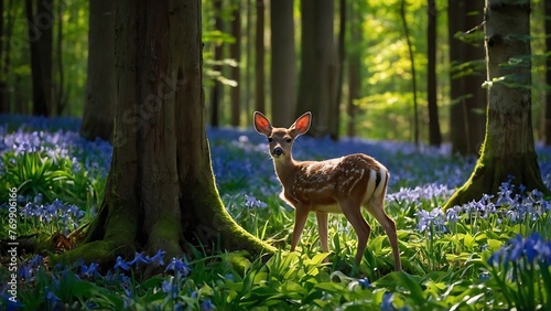 Whitetail deer in a forest of bluebells