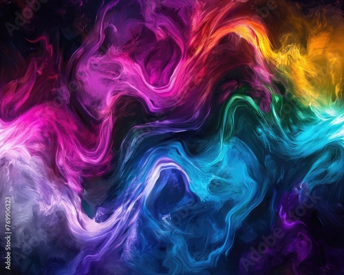 An abstract digital art background with vibrant swirls of neon colors against a dark moody canvas