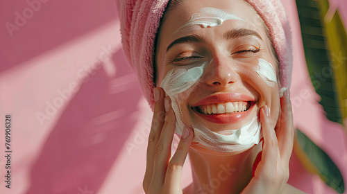 Happy Woman Applying Face Cream in Pink Bathroom