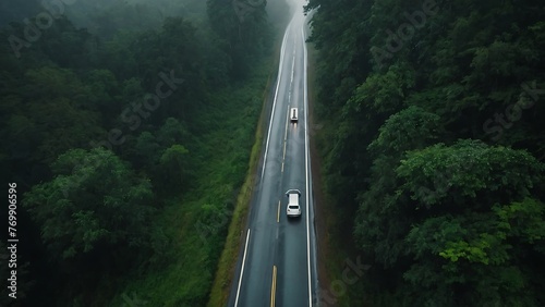 Highway in the forest with fog and mist