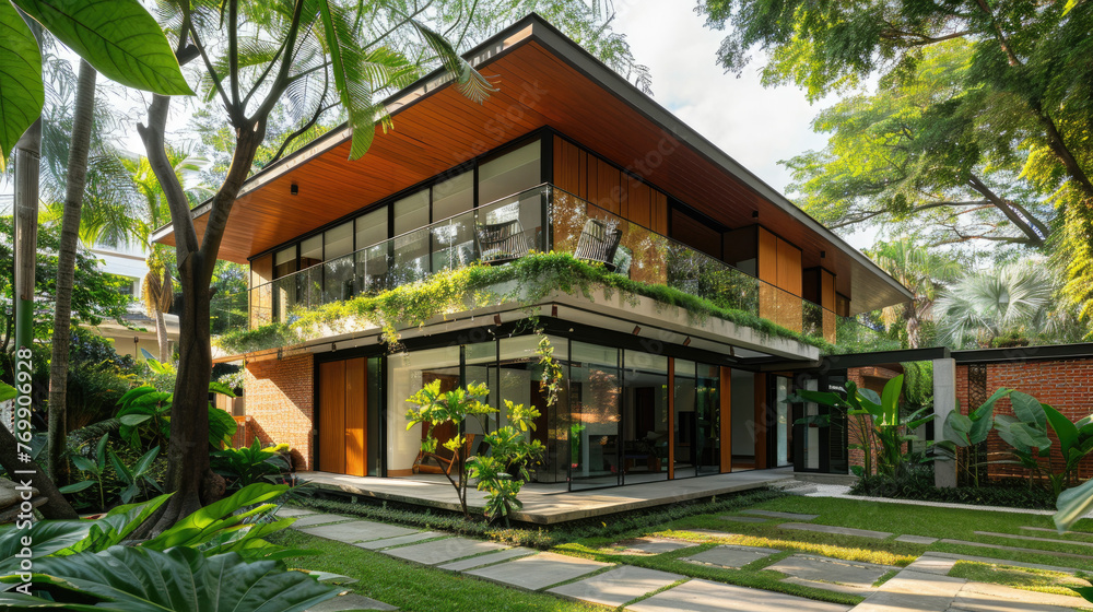 Two-Story Wooden House with a Tropical Garden