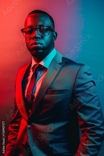 Confident businessman in a suit with tie posing with dramatic red and blue lighting, showcasing a modern and stylish professional look