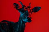 Striking portrait of a Gazelle against a vivid red background with a dramatic blue lighting effect highlighting its features, creating a bold and artistic wildlife image