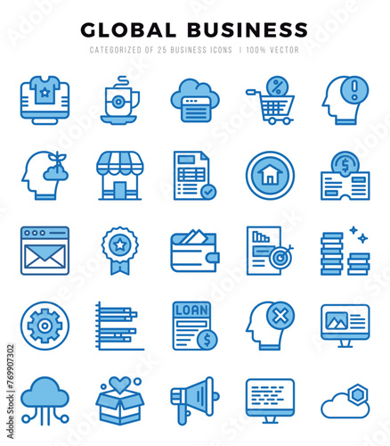 Set of 25 Global Business Two Color Icons Pack.