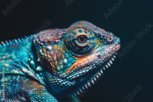 Close-up of a beautiful iguana against a dark background, showcasing detailed skin and a focused eye © Sohaib q